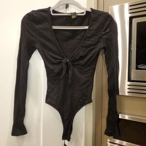 Black Ribbed Tie-Front Long Sleeve Bodysuit - New!